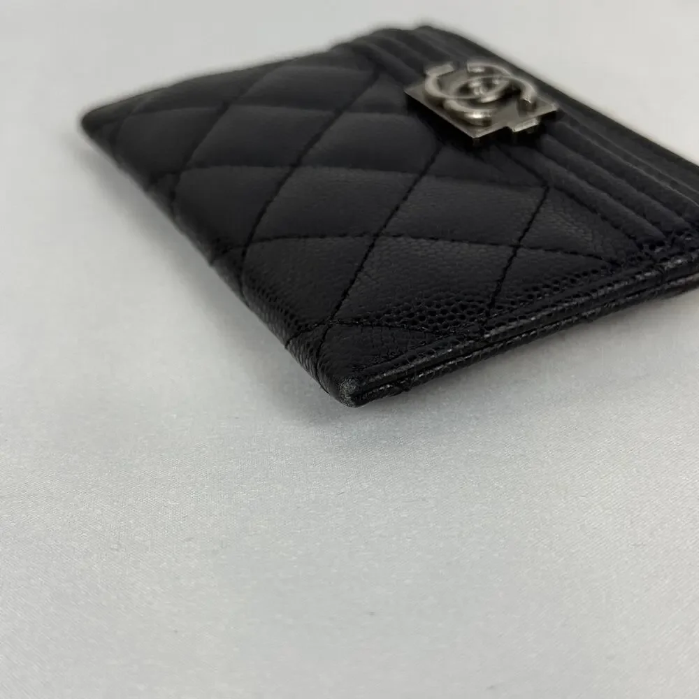 Chanel Boy Card Holder Black Caviar Leather Silver Hardware CC Logo Wallet